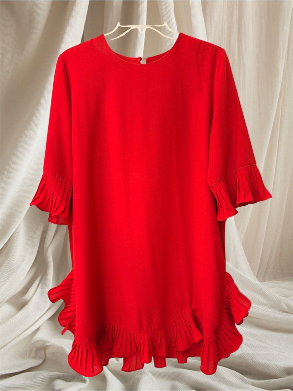 Red Ruffle Hem & 3/4 Length Sleeve Tunic / Shift Dress, Elegant Casual, Sz L